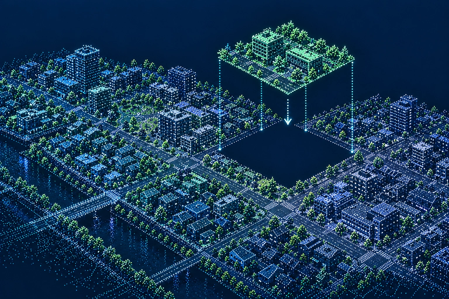 点群でできた街の空いている区画へ、別の点群データの街区パーツをはめ込み、一つの街へつなぐイメージ
