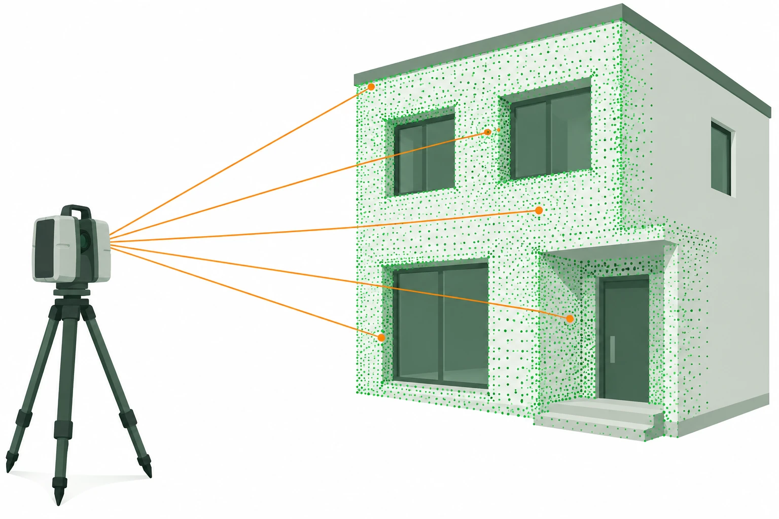 三脚に載せたレーザースキャナーから建物の表面を計測する模式図