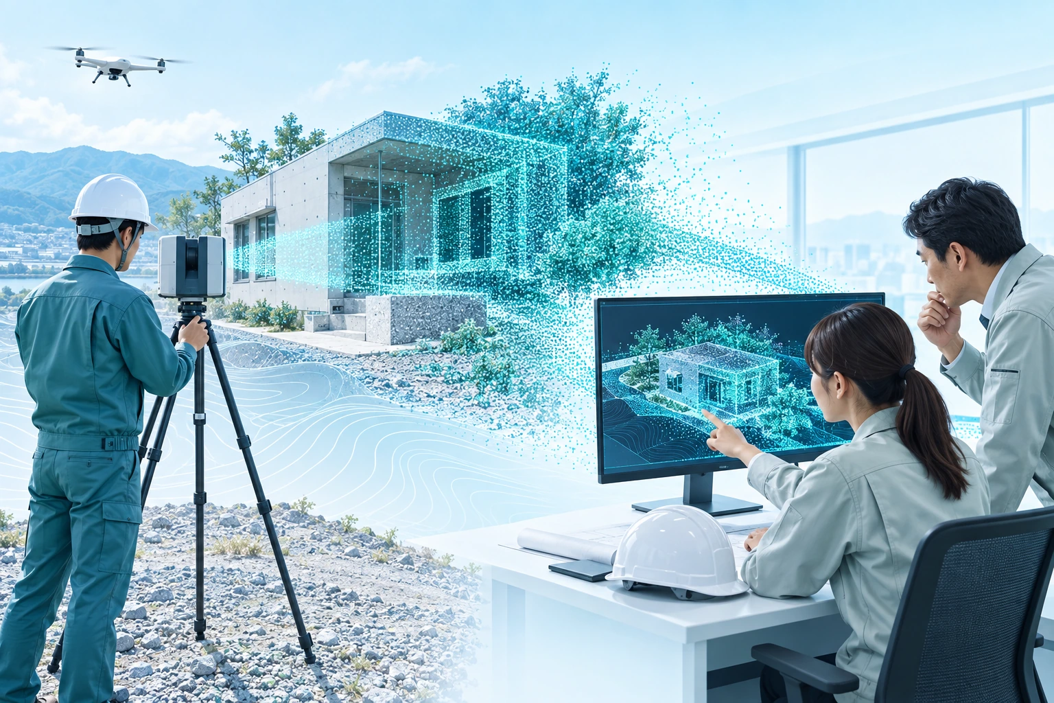 レーザースキャナで建物を計測する技術者と、点群データを確認して説明する担当者のイラスト